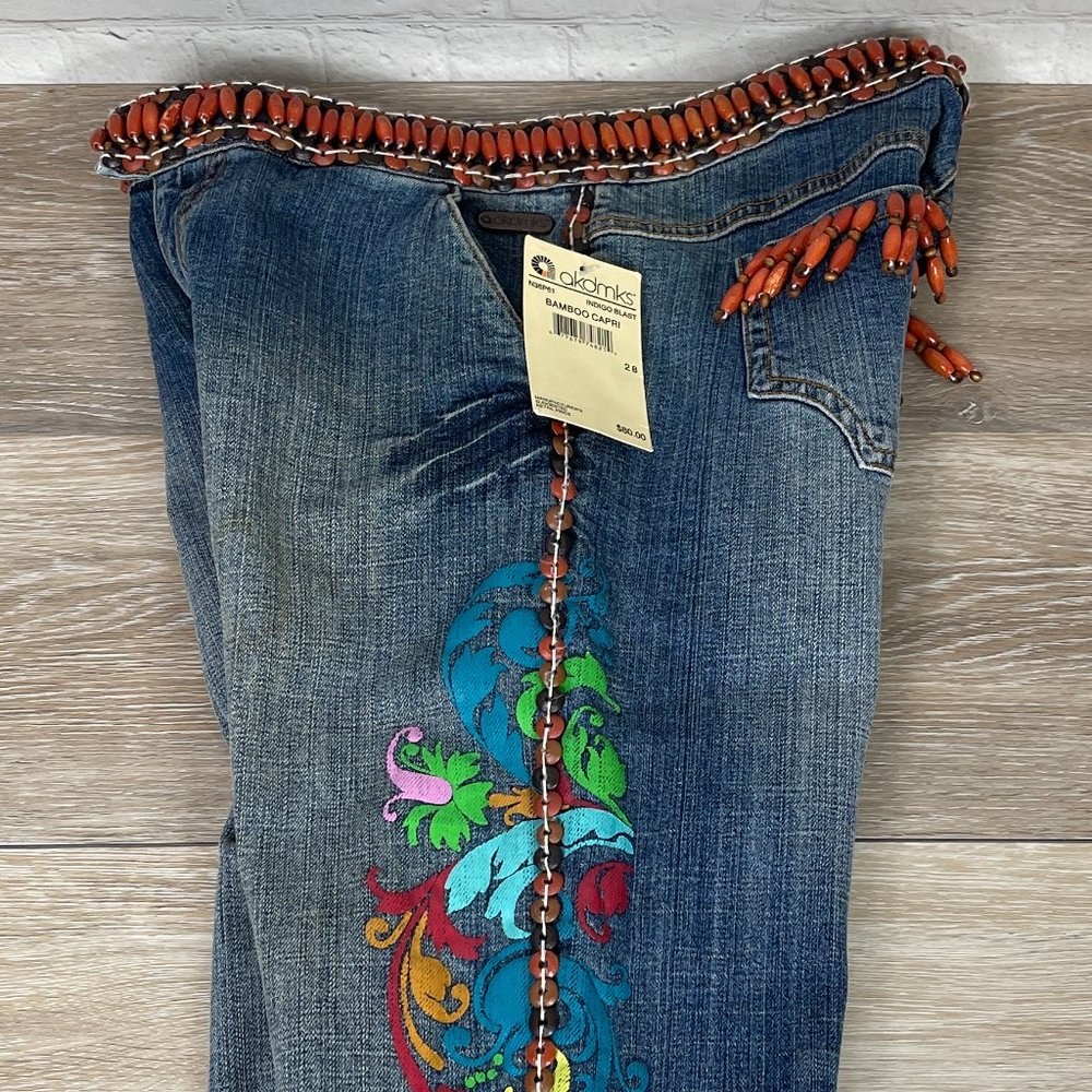 NWT AKDMKS WOMEN'S BAMBOO CAPRI BOHO HIPPIE BEADED JEANS SIZE 28 - Picture 12 of 16